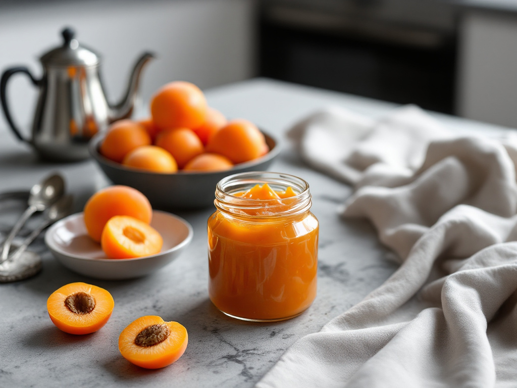 apricot jam with aproicots in a kitchen breakfast setting